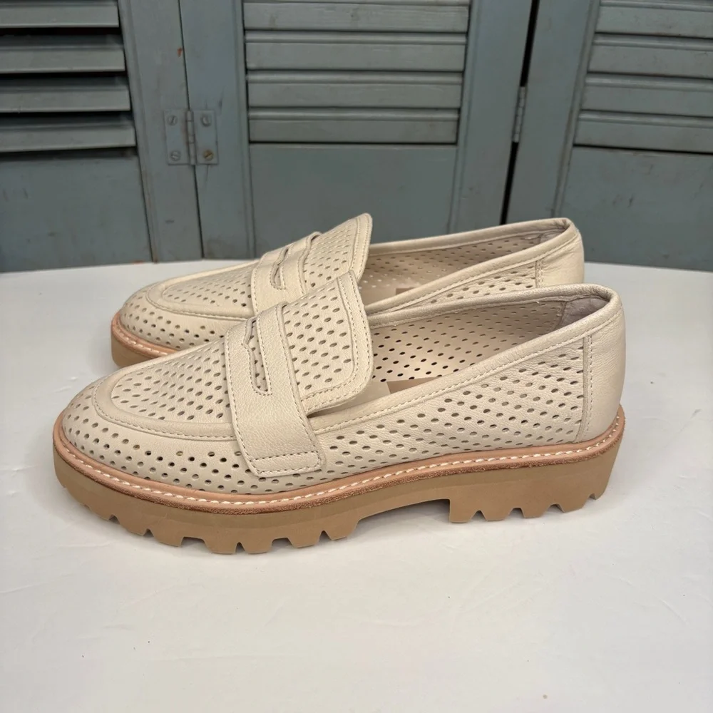 Dolce Vita MALILA Platform Perforated Leather Loafer in Cream Size 7.5M